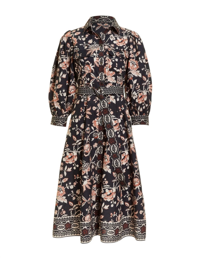 Front of a model wearing a size L Sula Midi Dress In Devon Print in Devon Print by LOVE THE LABEL. | dia_product_style_image_id:342447